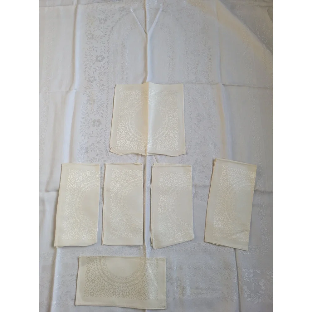 Vtg White‎ Floral Metallic Home Dining Tablecloth & Napkins 60